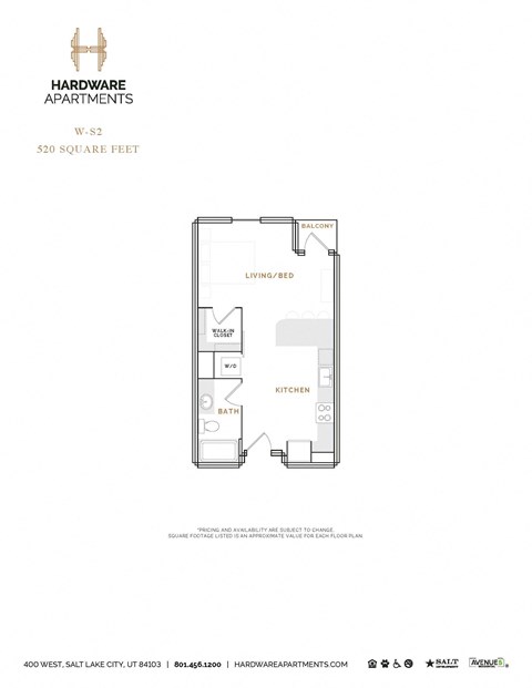 Floor plan for studio, 1 bath, 516 sqft